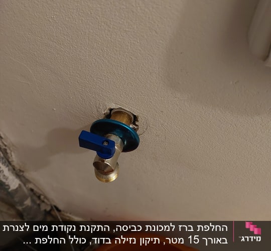 ברז עם ידית כחולה על קיר לבן